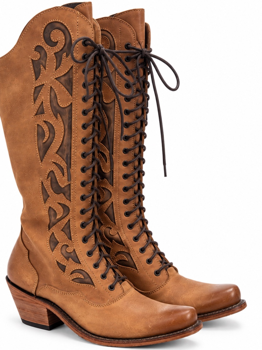 LIBERTY Black NWT! Leather Lace-Up Western Handmade Knee-High Boots RARE NOS